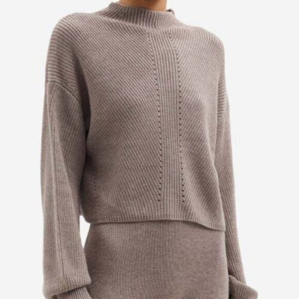Le Ore Lodi Pointelle Knit Pullover Sweater Walnut Brown Mock Neck Womens Small